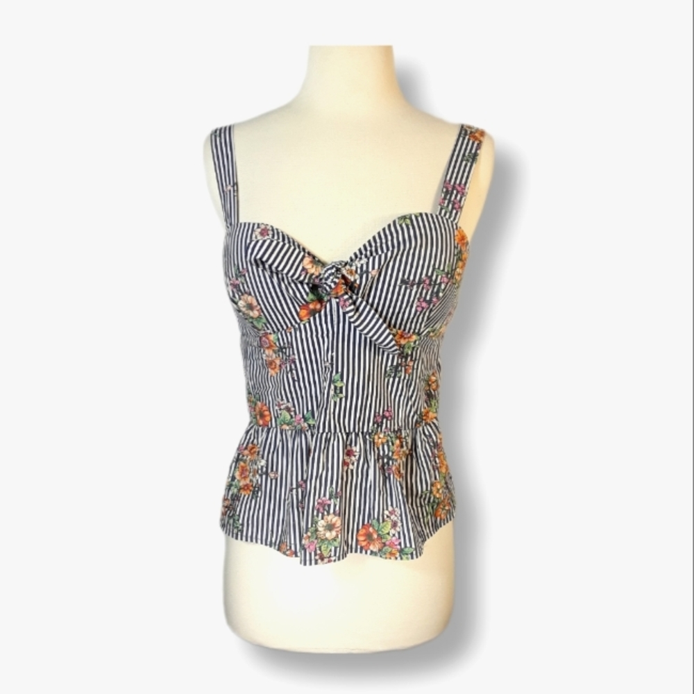 Iris Striped Tank Top Womens Fit & Flare Sleeveless Floral Bow Padded Low Cut-L - Picture 1 of 16